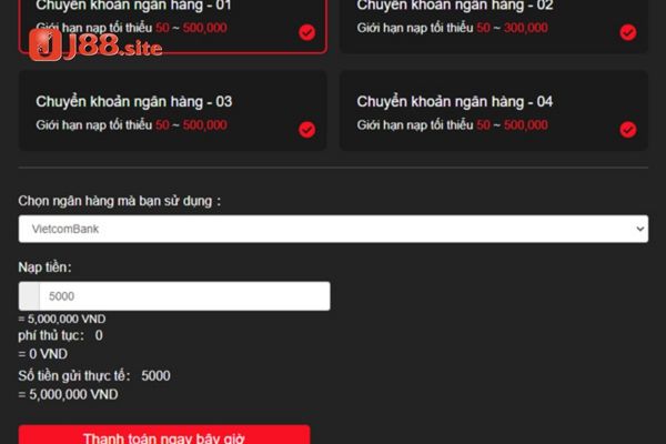 Quy trình nạp tiền vào J88 để chơi lô đề online